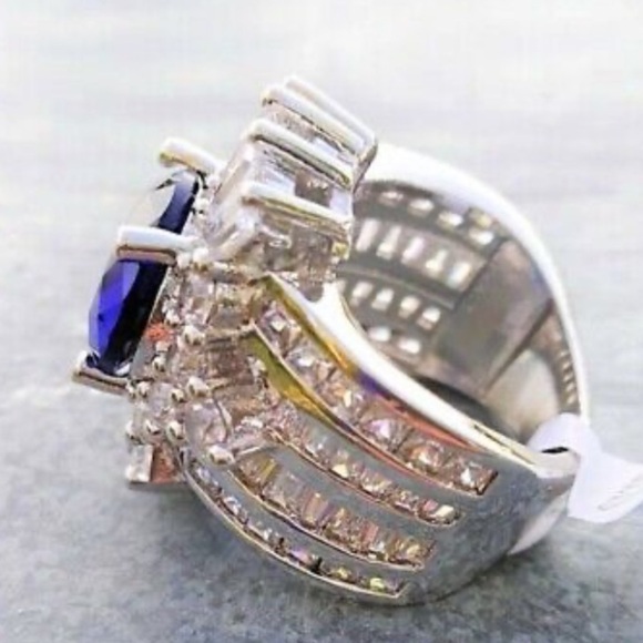 Blue Sapphire Sterling Silver Baguette Crown Statement Ring - Picture 13 of 14